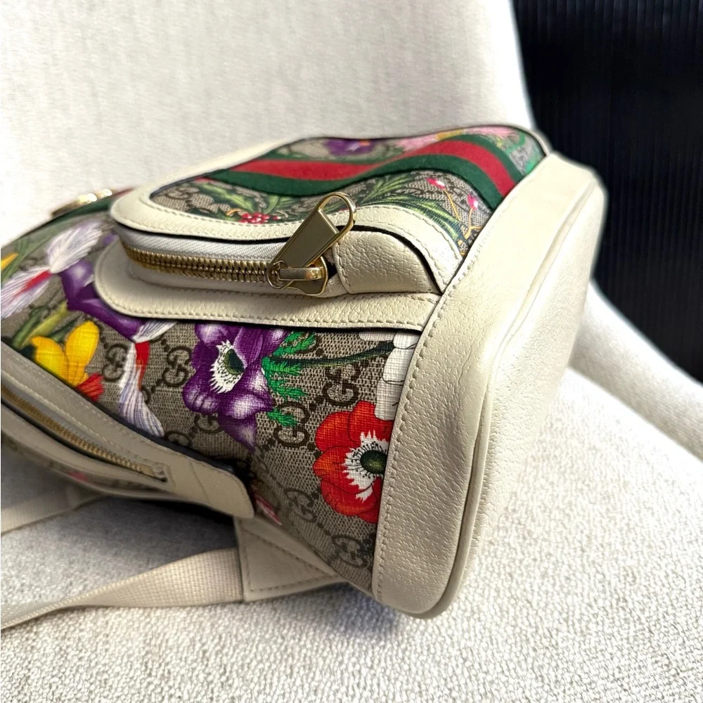 Authentic Gucci Ophidia GG Supreme Flora Backpack bag white leather gold GG logo